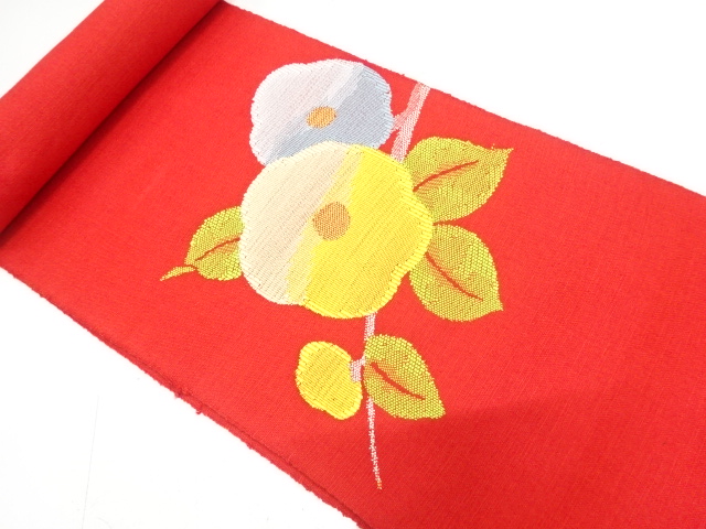 JAPANESE KIMONO / ANTIQUE BOLT FOR NAGOYA OBI / WOVEN CAMELLIA